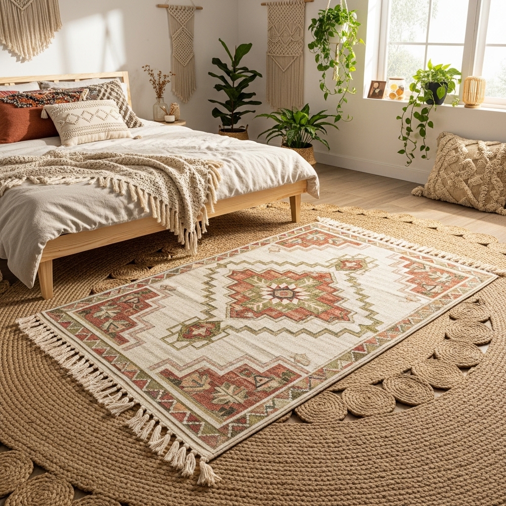 Layered Boho rugs with natural textures.