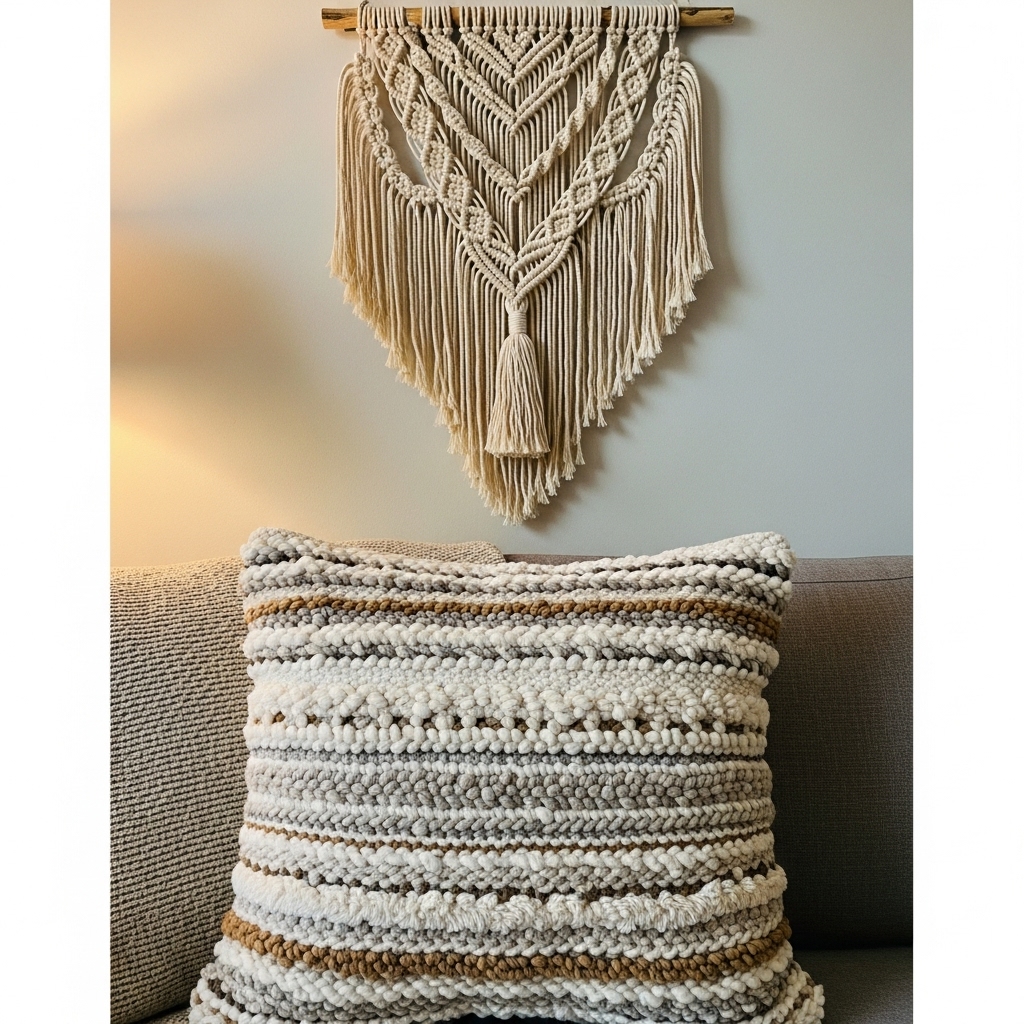 Macrame wall decor in a Boho-style bedroom.