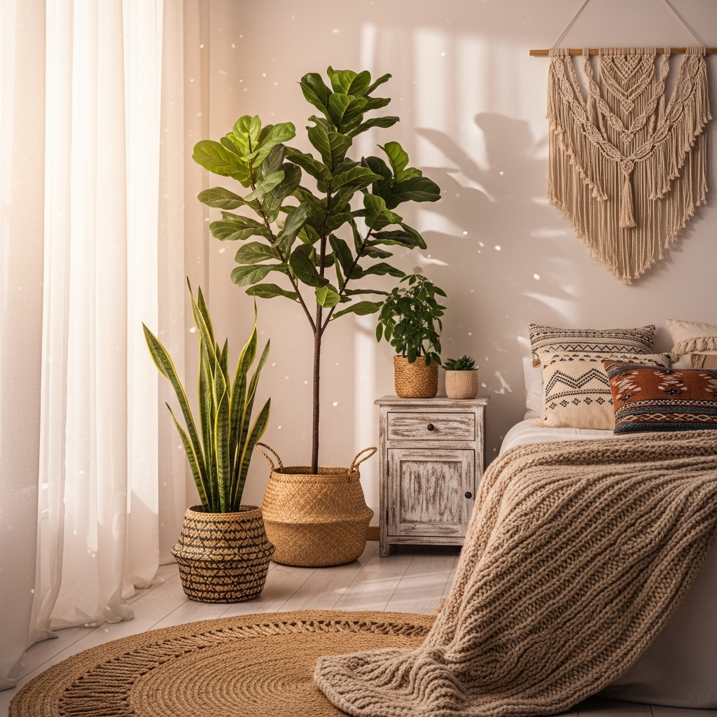 plants in a natural Boho bedroom.