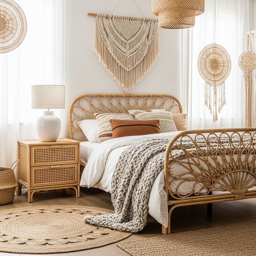 Rattan bed with cane furniture in a Boho bedroom.