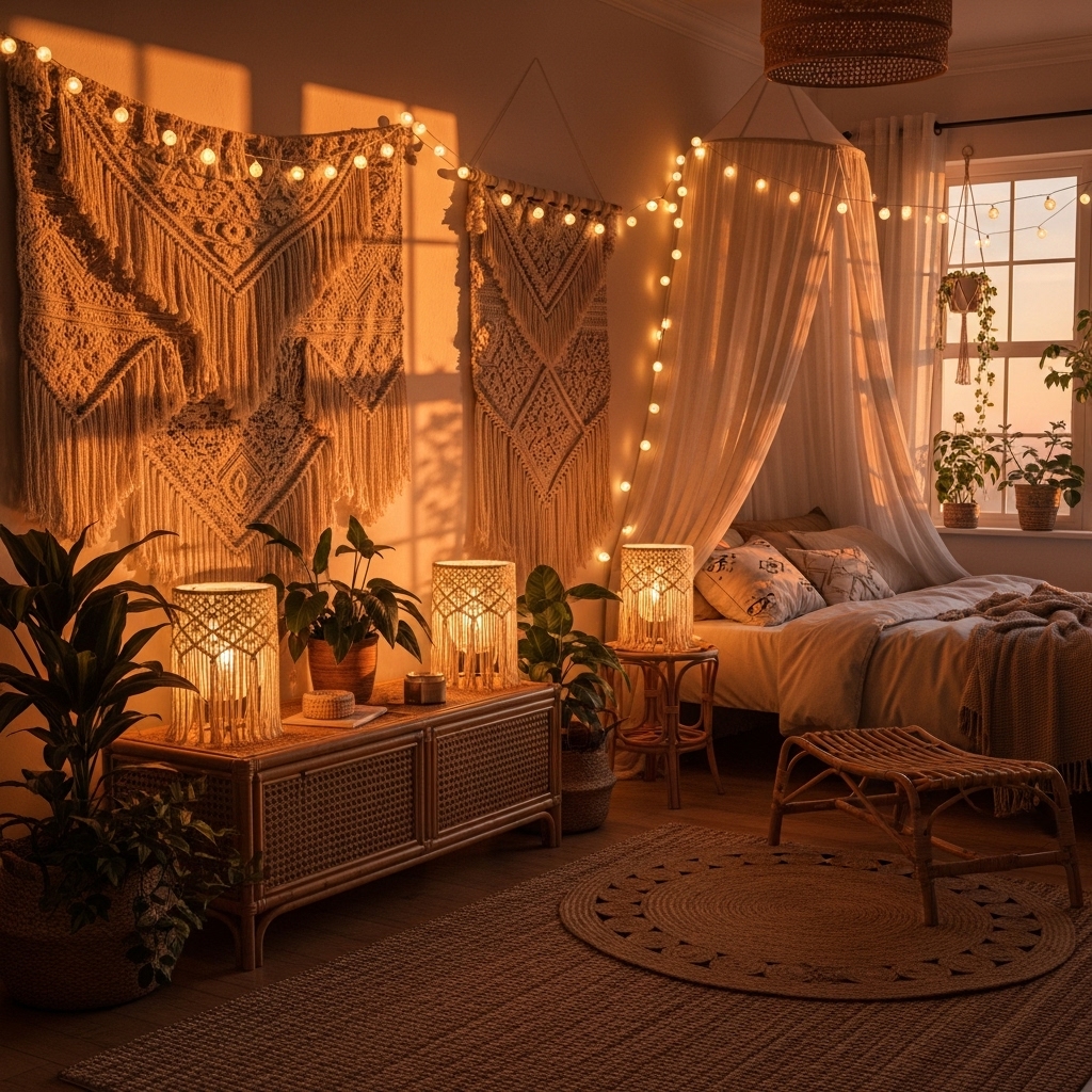 Warm soft lighting in a Boho bedroom.