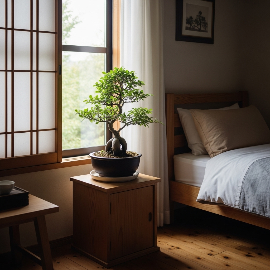 Bonsai plant in a Japanese small bedroom.