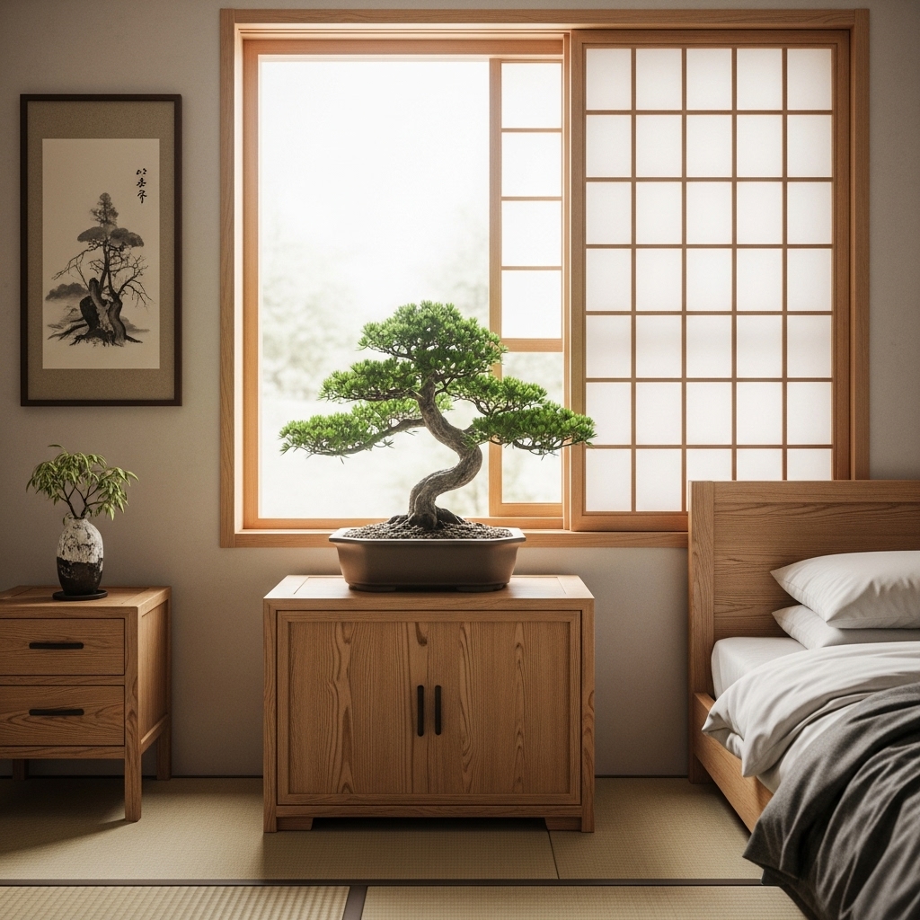 Bonsai plant in a Japanese themed bedroom.
