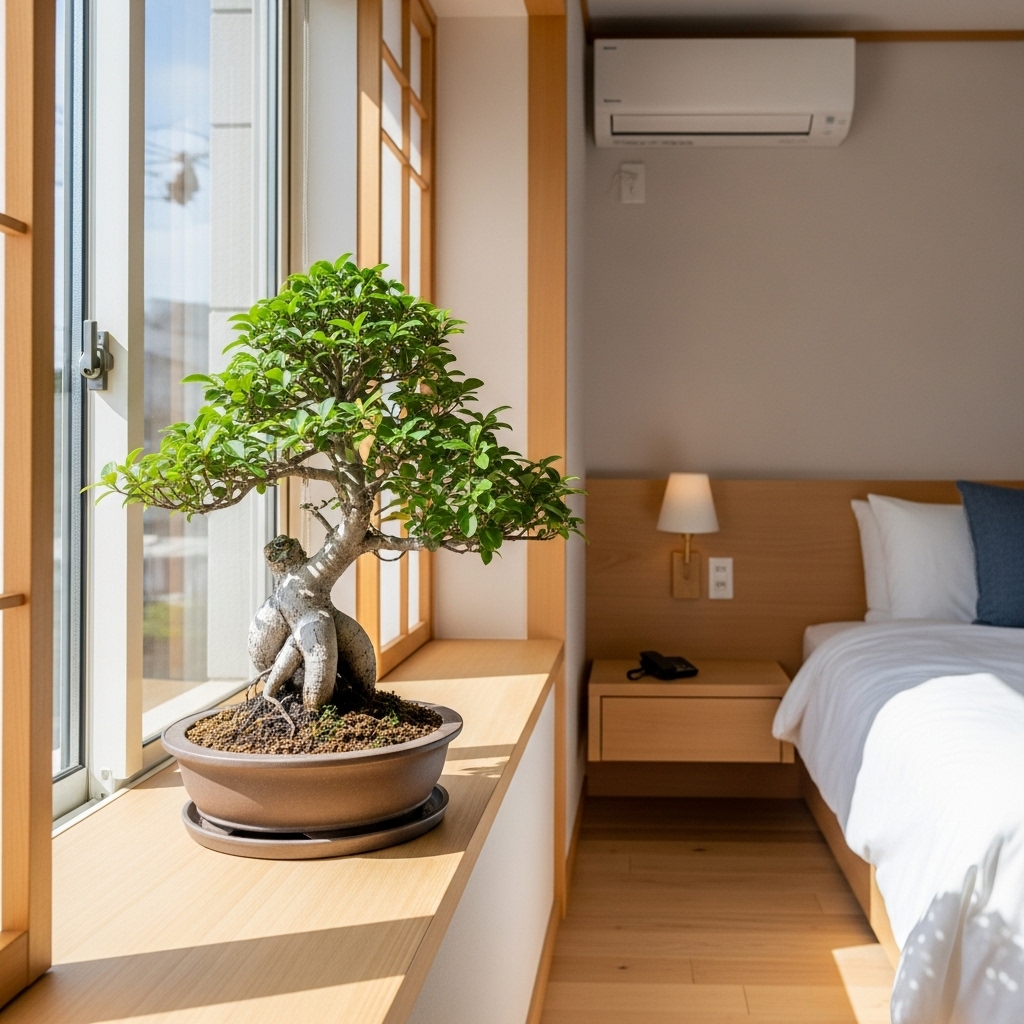 Bonsai plant in a modern Japanese bedroom.