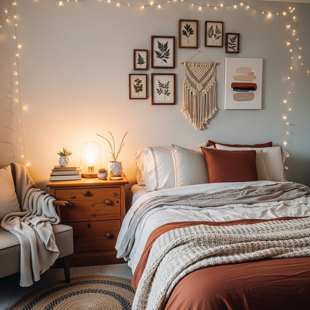 udget-friendly bedroom decor with warm lighting and DIY accents.