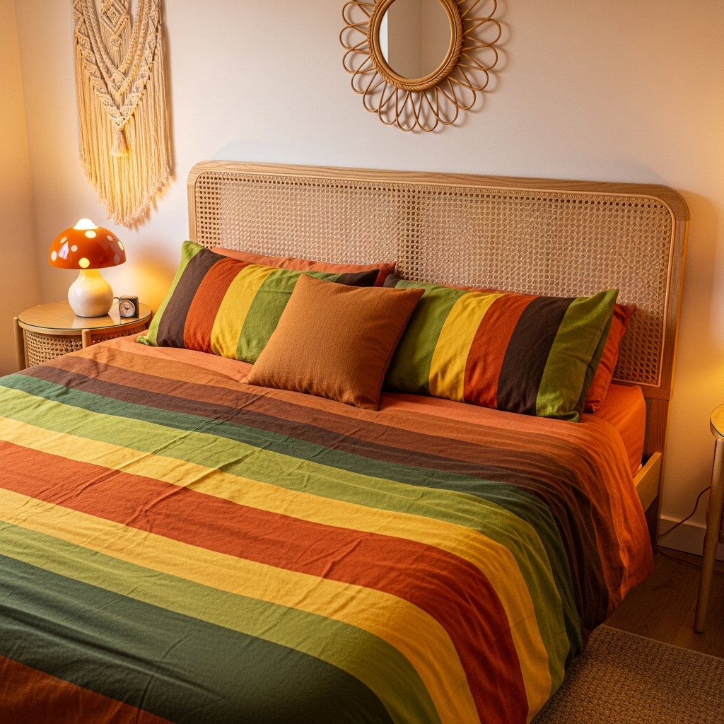 cane headboard 1970s bedroom