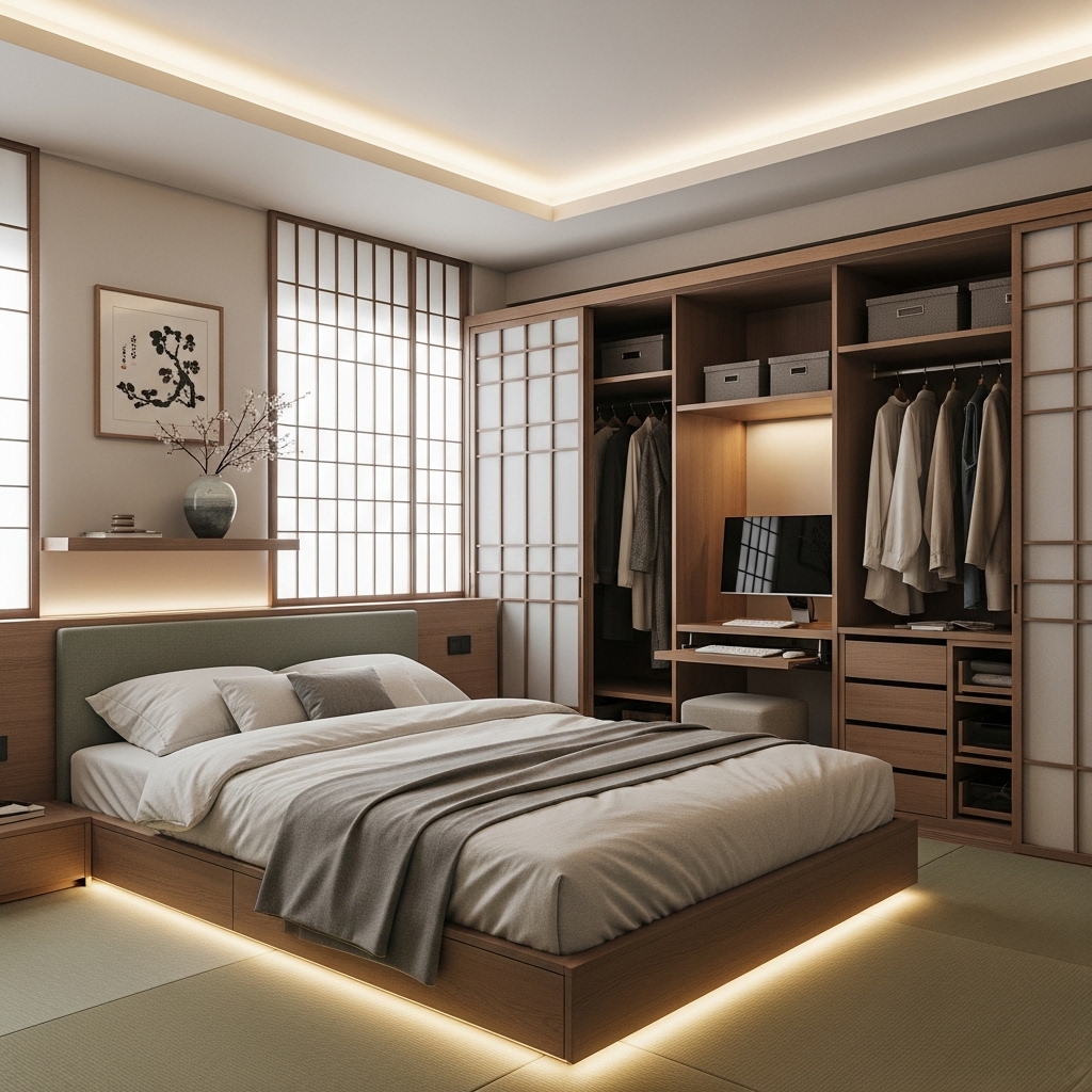Clutter-free Japanese themed bedroom.