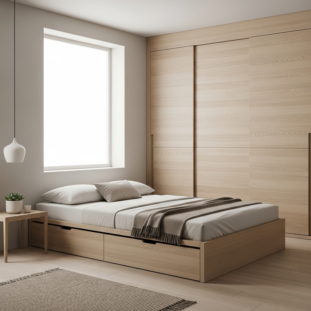 Clutter-free Japanese Zen bedroom with hidden storage.
