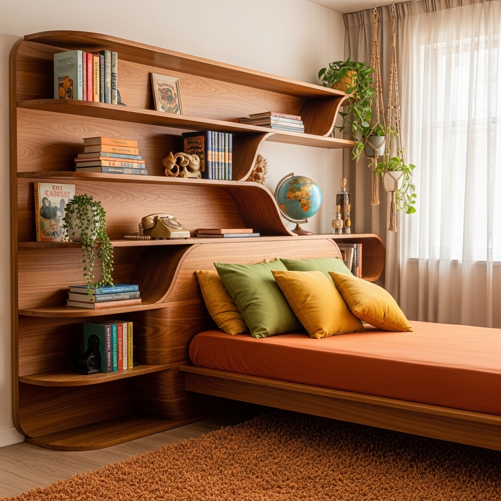 curved wall shelves 1970s bedroom