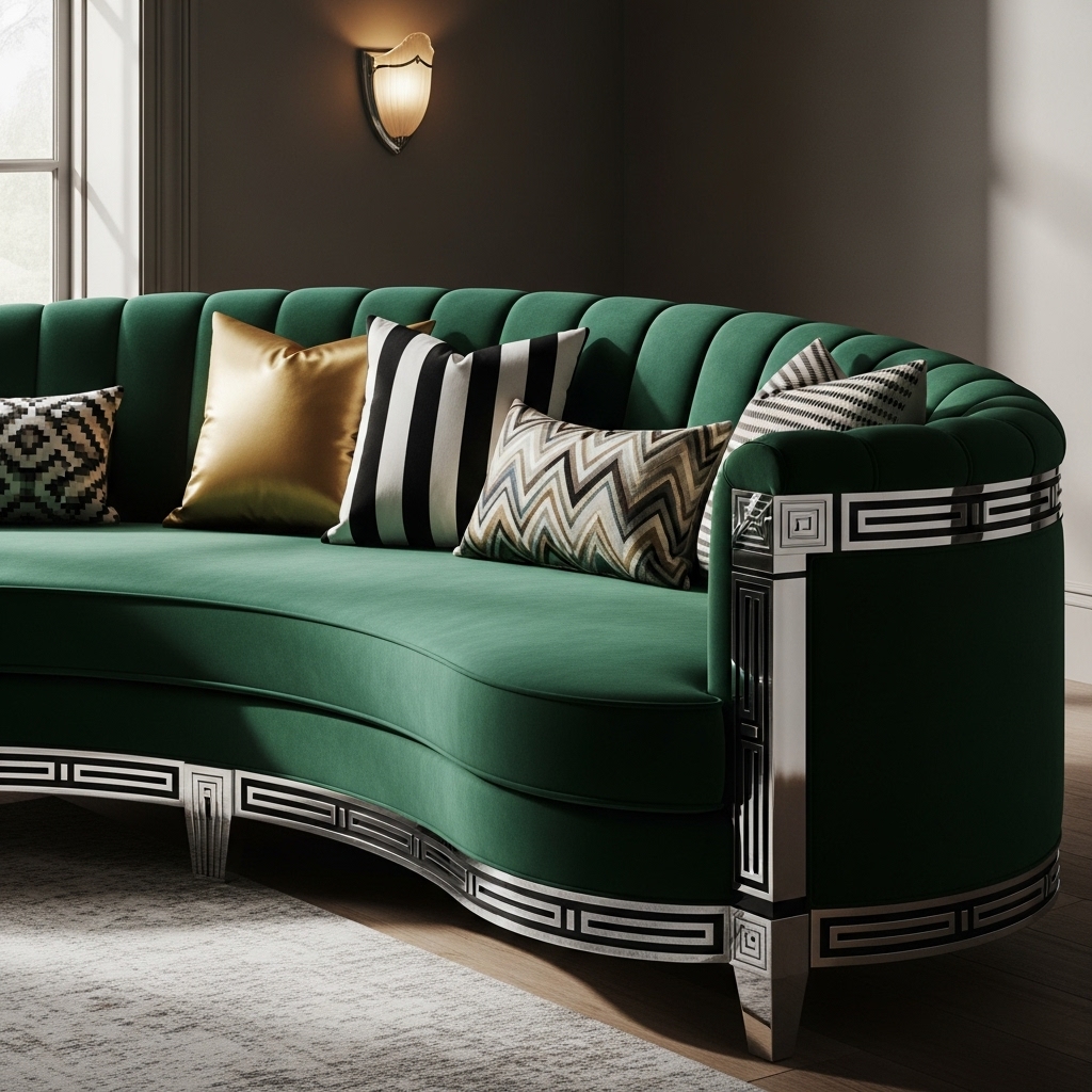 curved velvet sofa in 1930s art deco living room