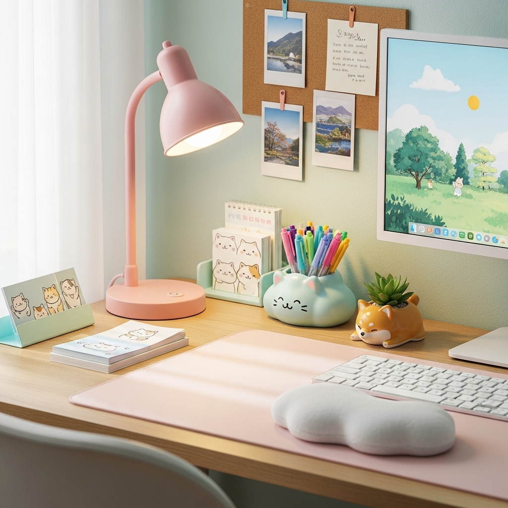 Cute Japanese desk setup with pastel accessories.