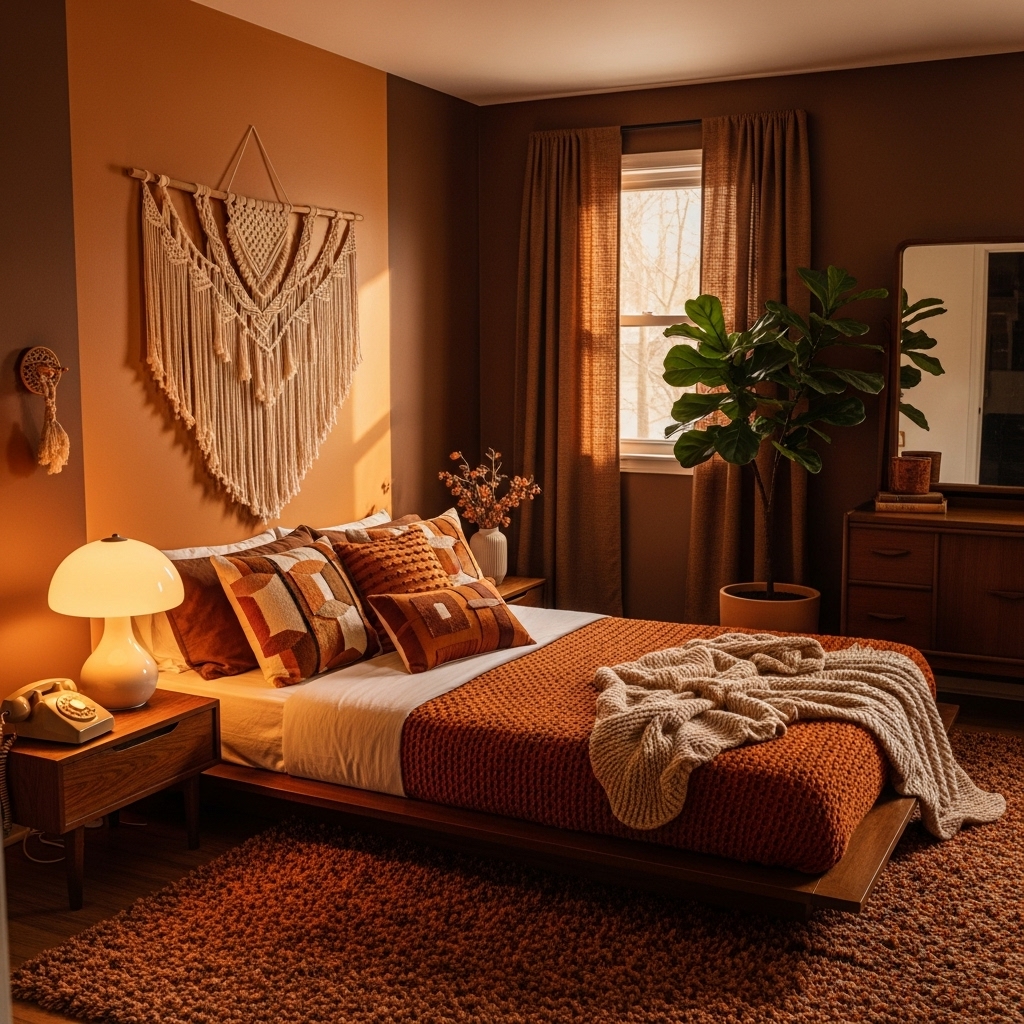 earthy tone 70s bedroom