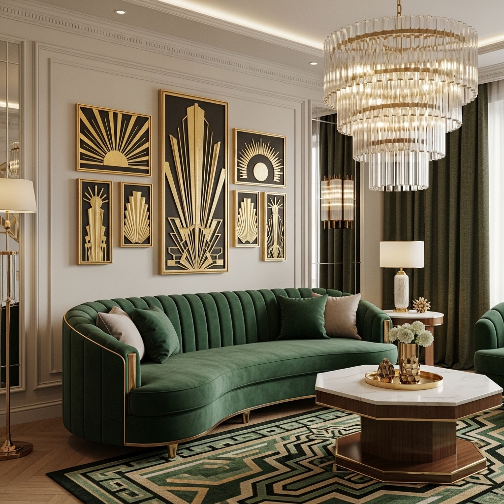 emerald art deco living room interior