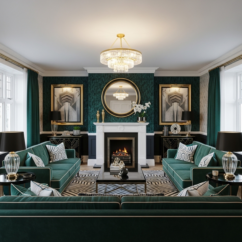 geometric art deco themed living room