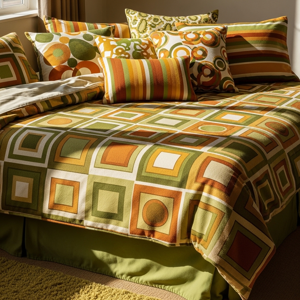 geometric bedding 70s bedroom makeover