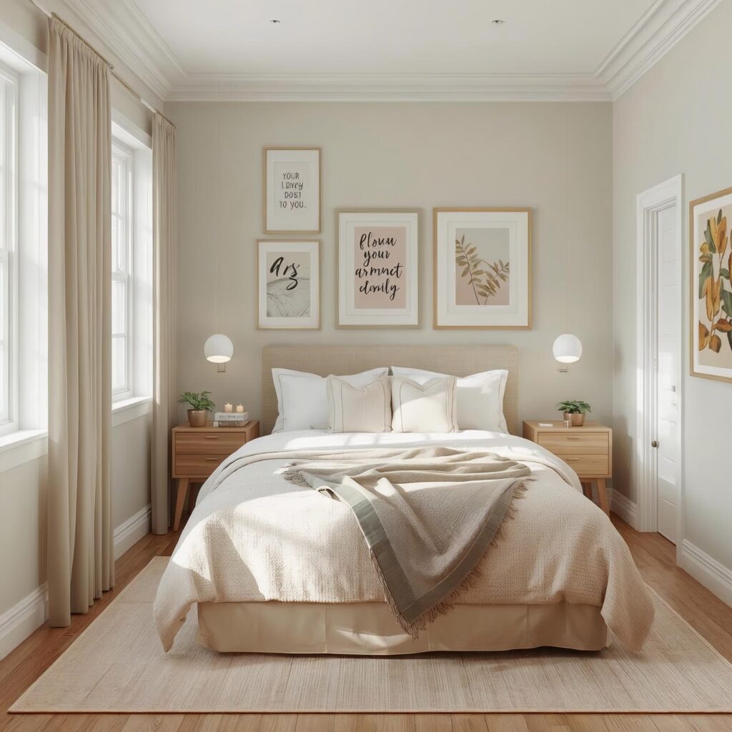 Minimal small bedroom with personalized decor, framed art, warm neutral colors, and cozy modern accents in 8K ultra-realistic resolution.