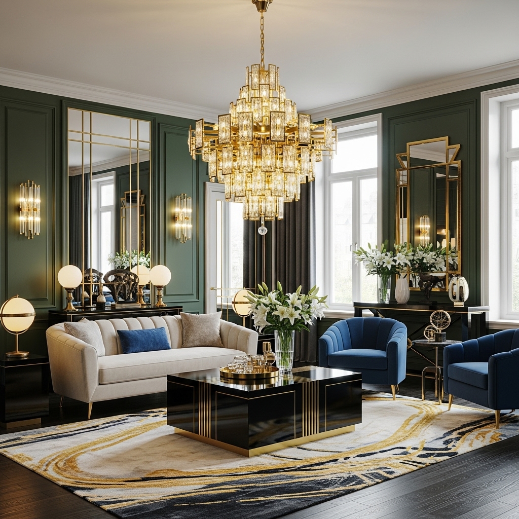 gold chandelier art deco themed living room