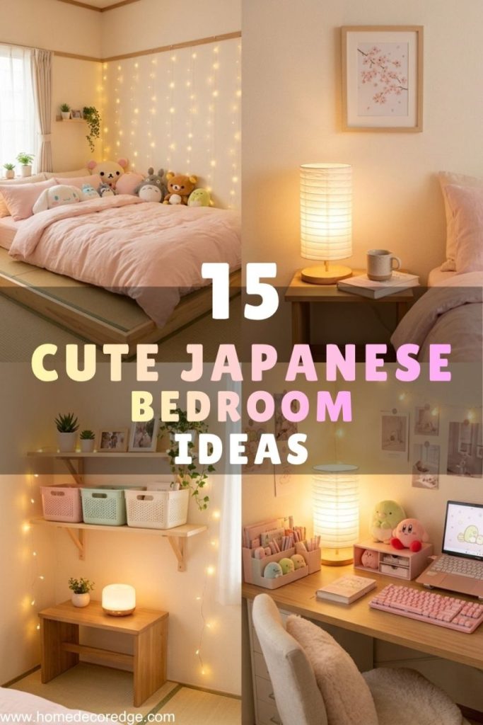 15 cute Japanese bedroom ideas including pastel bedding kawaii plushies rice paper lamp fairy lights and sakura wall art for a soft cozy aesthetic look