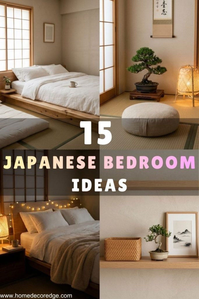 15 Japanese bedroom ideas including low platform bed shoji screen zen corner cozy fairy lights and minimalist shelf styling