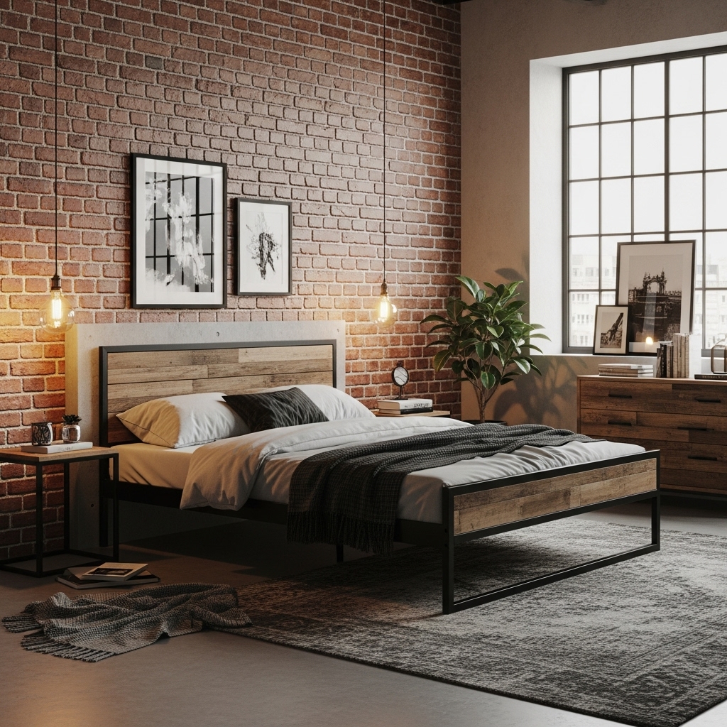 "Industrial urban bedroom with exposed brick wall, metal bed frame, concrete accents, and loft-style windows."