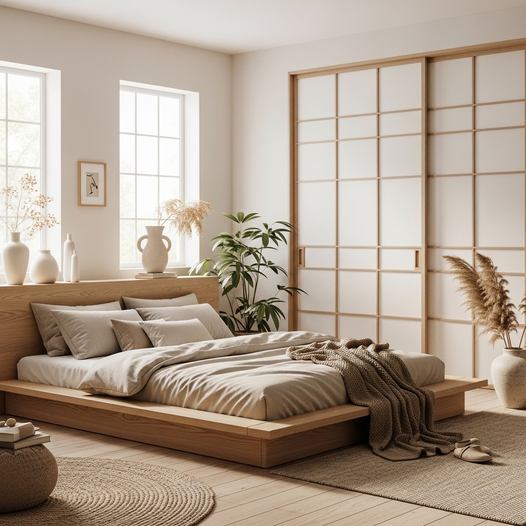 Japandi bedroom with low wooden bed, neutral colors, natural textures, and Japanese-Scandinavian minimalist design