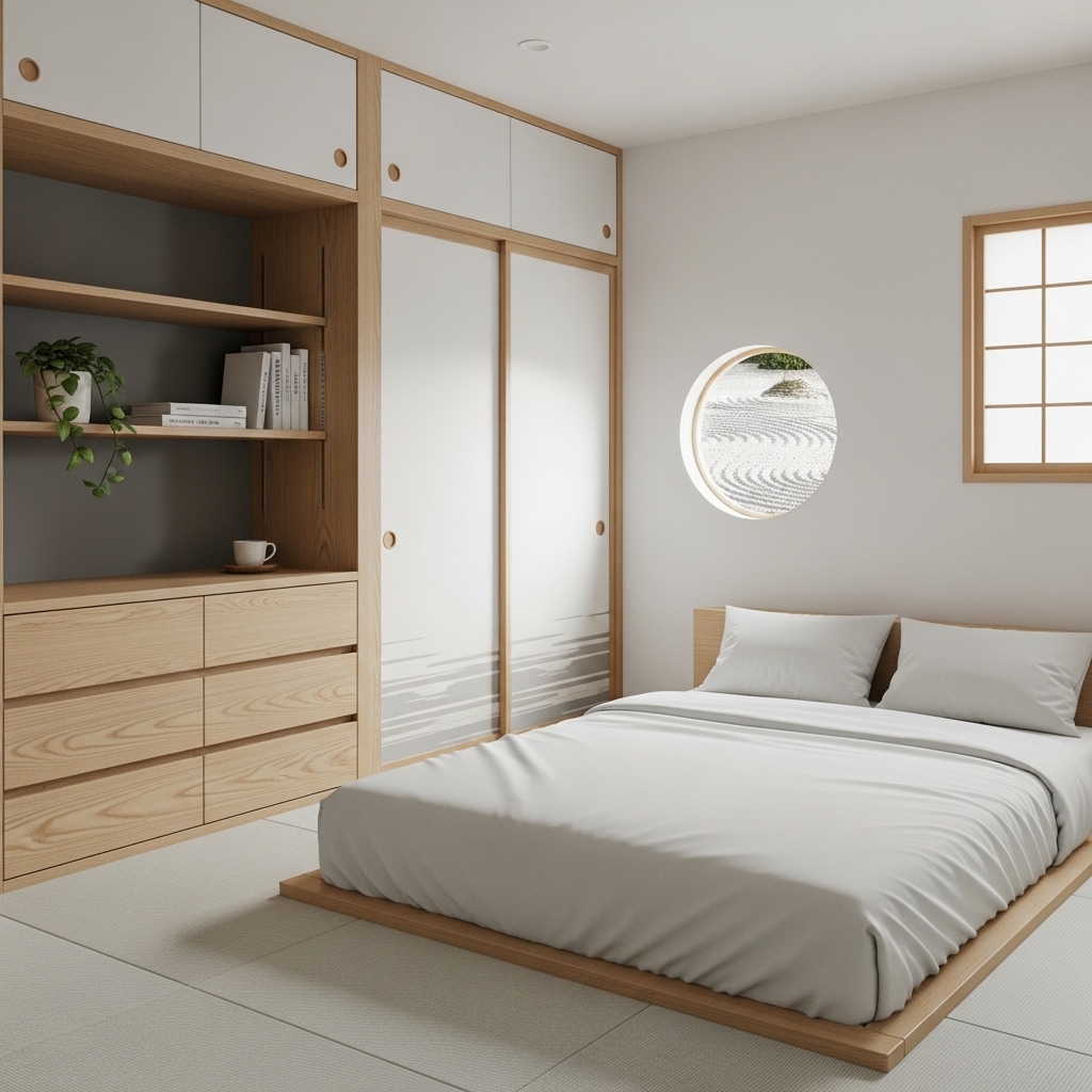 Minimal Japanese bedroom with built-in wooden drawers and sliding closets showing an organized, decluttered storage setup.