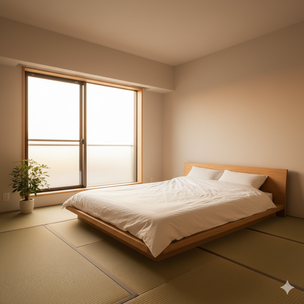 Japanese bedroom ideas featuring a low wooden platform bed with neutral tones, minimalist decor, and soft natural light.
