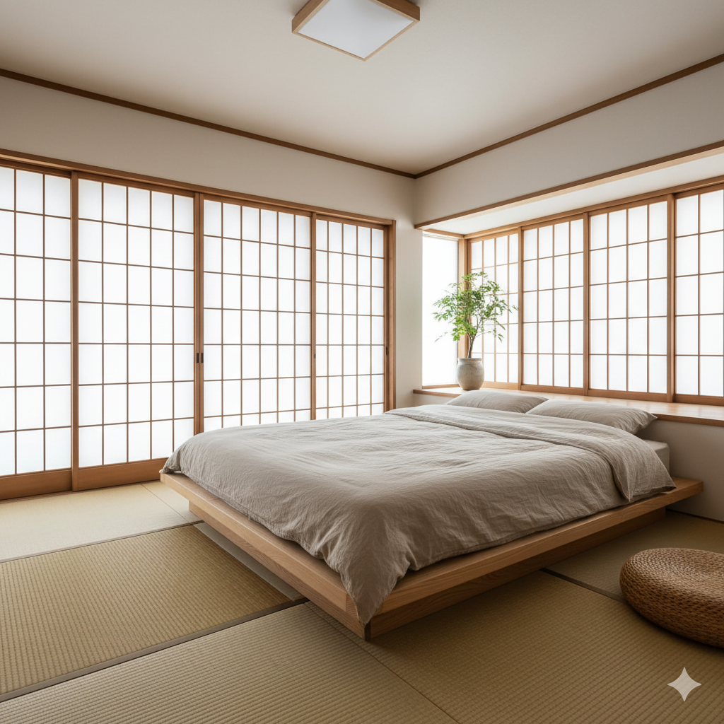 Japanese bedroom ideas with minimalist wooden furniture, neutral tones, and shoji sliding doors.
