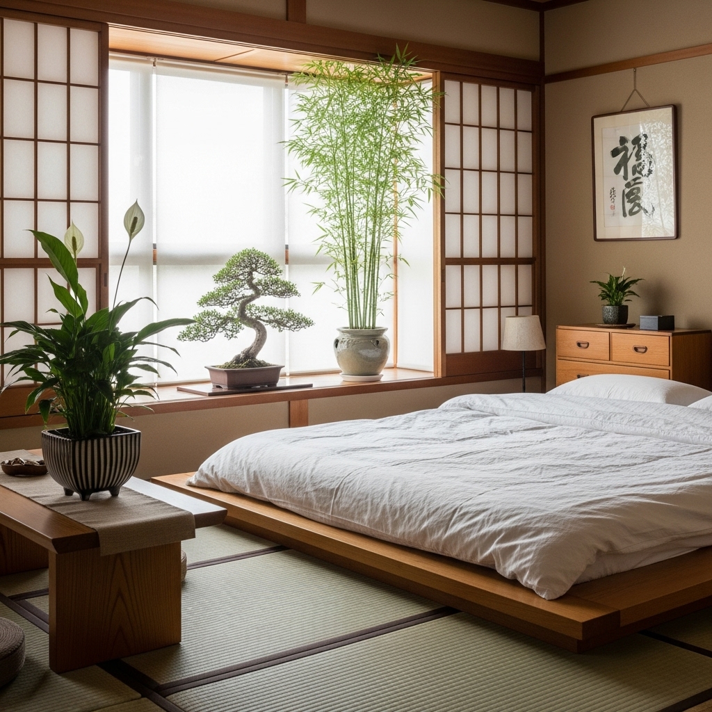 Japanese bedroom decorated with indoor plants such as bamboo and bonsai near the window for a natural and serene look.