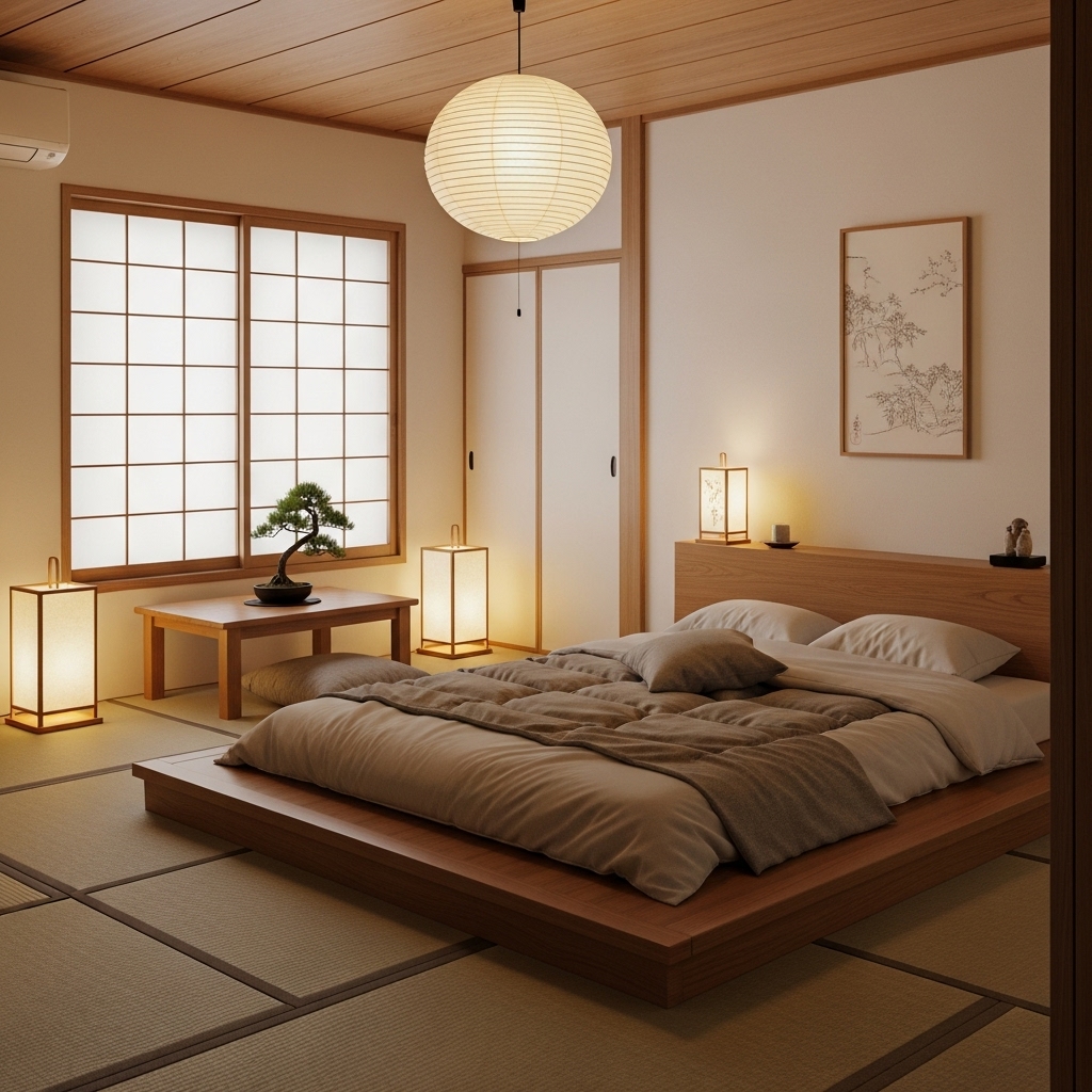 Japanese bedroom with warm ambient lighting from traditional paper lamps, creating a cozy and calm atmosphere.