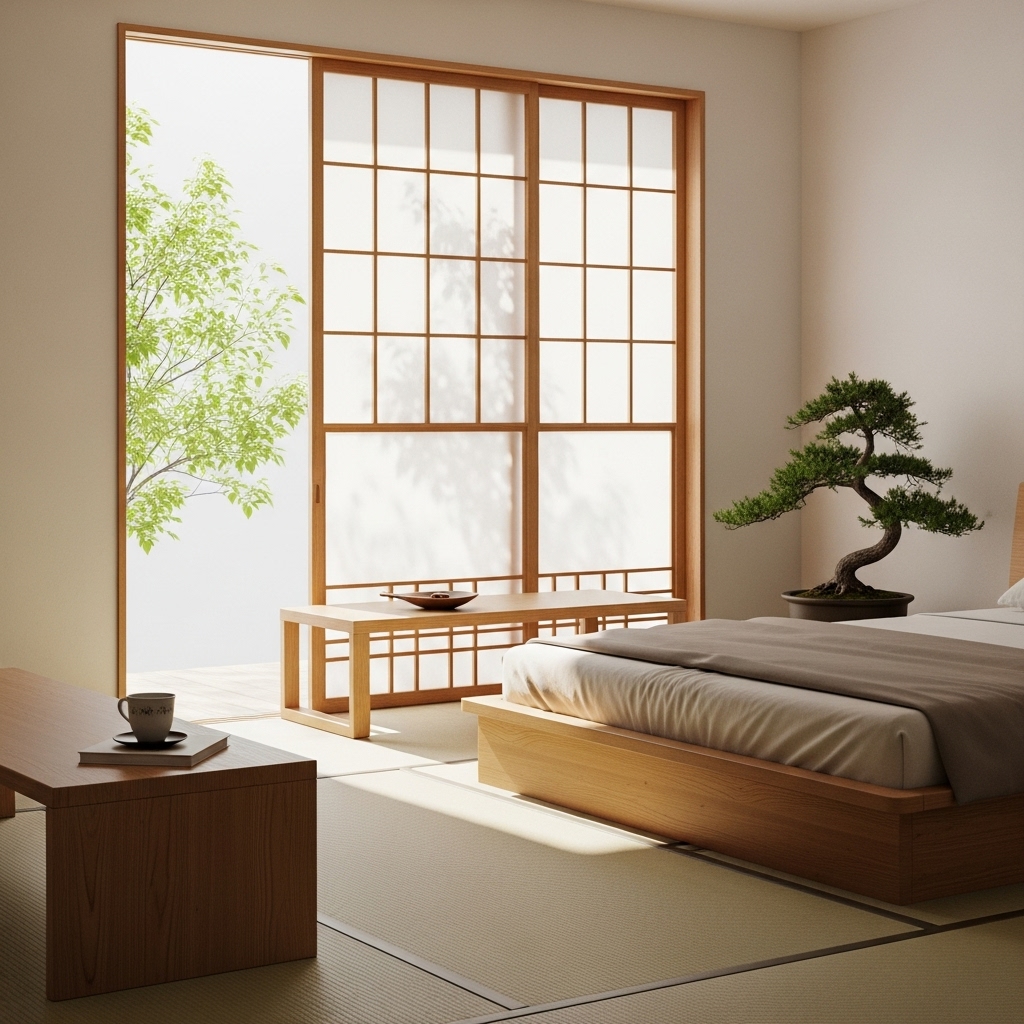 Japanese bedroom with traditional shoji door screen divider made of wood and paper, allowing soft light to pass through.