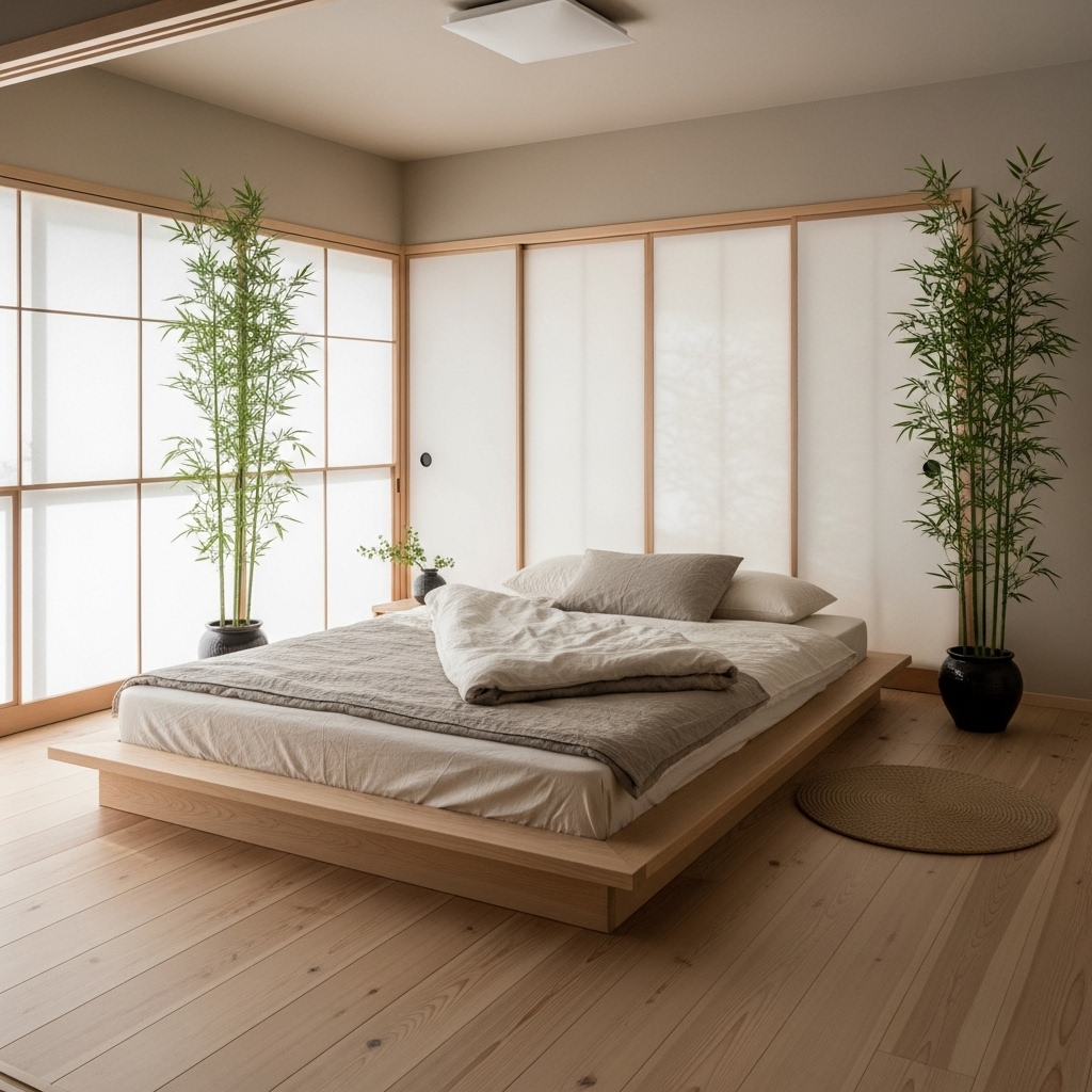 Minimalist Japanese bedroom featuring a natural wooden floor, bamboo elements, and neutral color palette for a calm atmosphere.