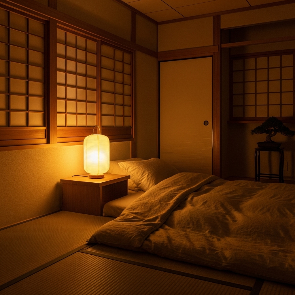 Japanese Zen bedroom with warm ambient evening lighting.