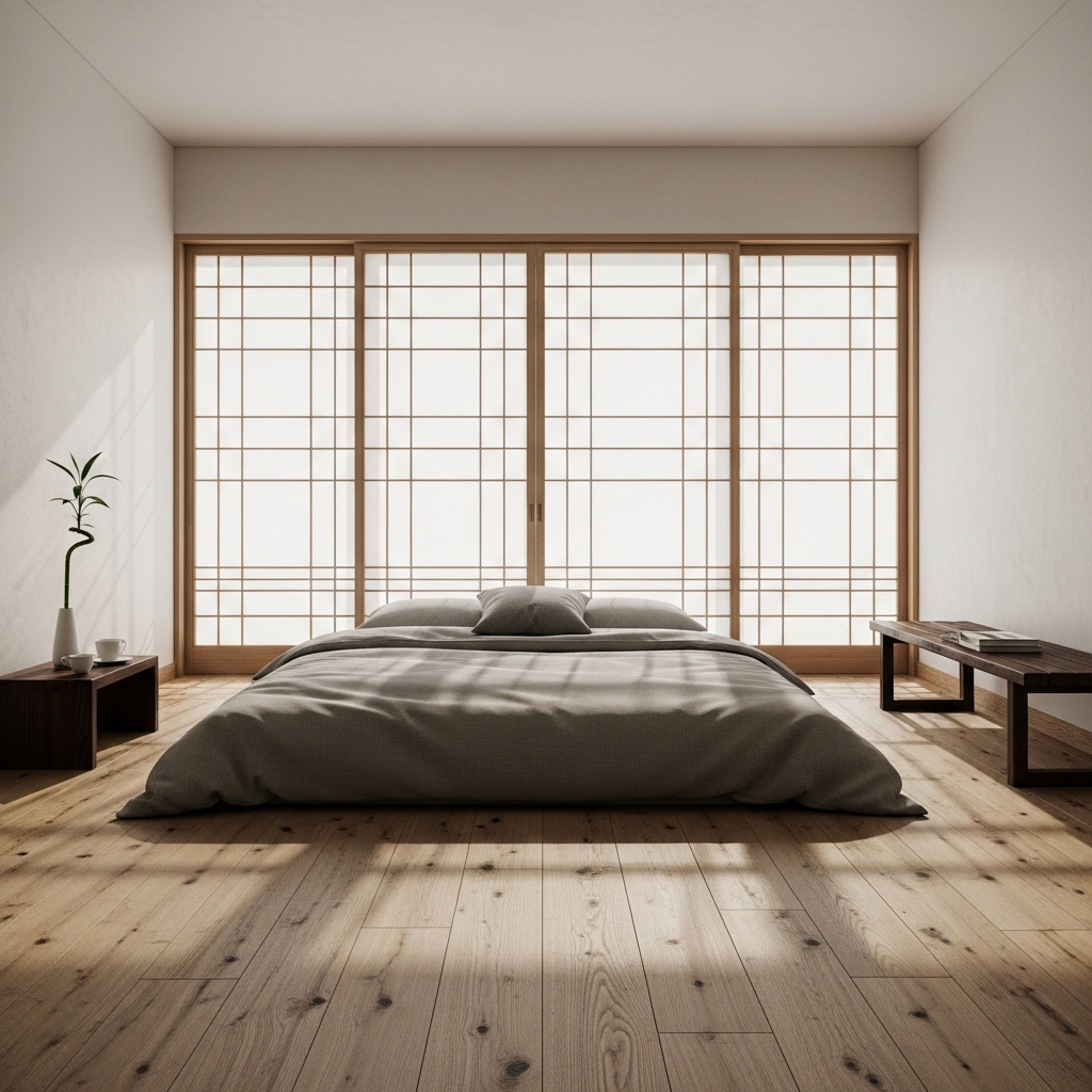 Wide-angle Japanese Zen bedroom with low bed and shoji windows.