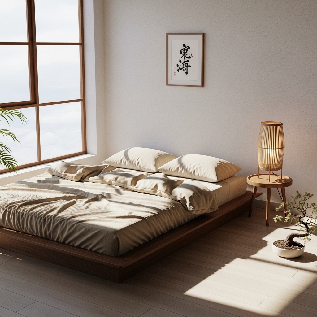 Low walnut bed in a Japanese Zen bedroom with minimalist décor.