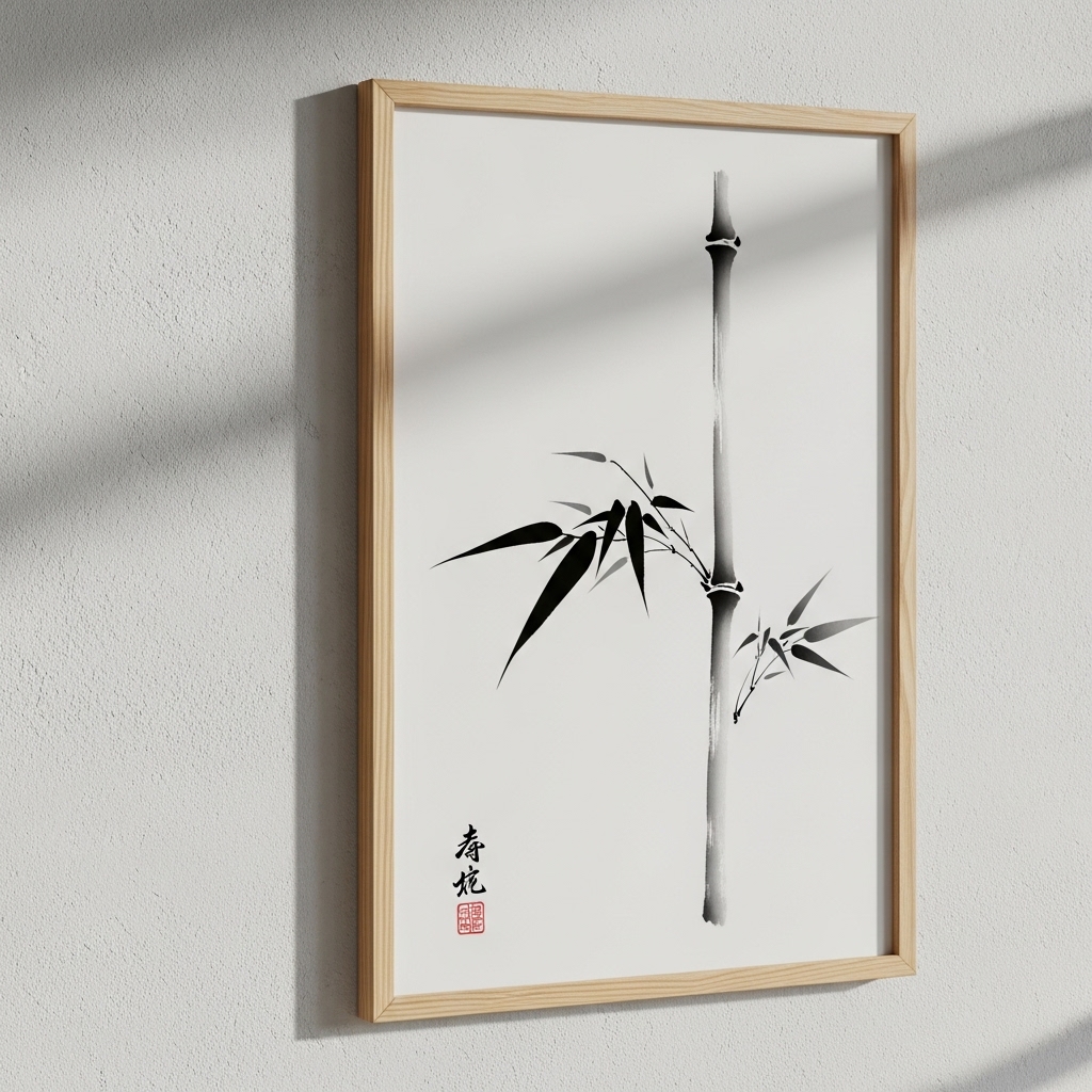 Minimal Japanese wall art in a Zen-style bedroom.