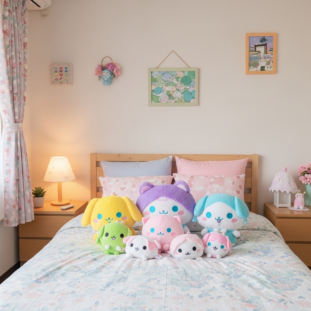 Kawaii plushies in a cute Japanese bedroom.