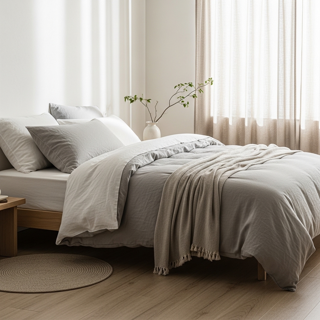 Soft linen fabrics in a modern Japanese bedroom.