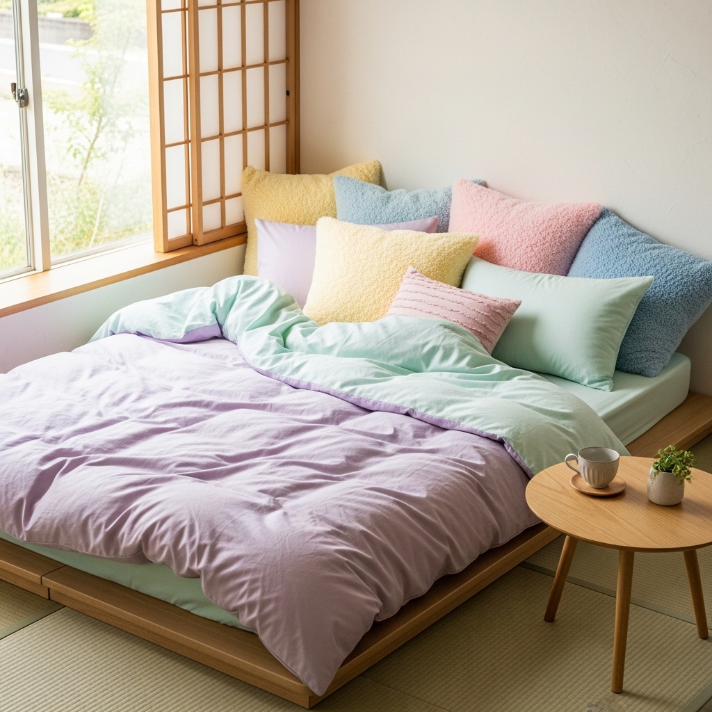Low wooden bed in a cute Japanese bedroom.