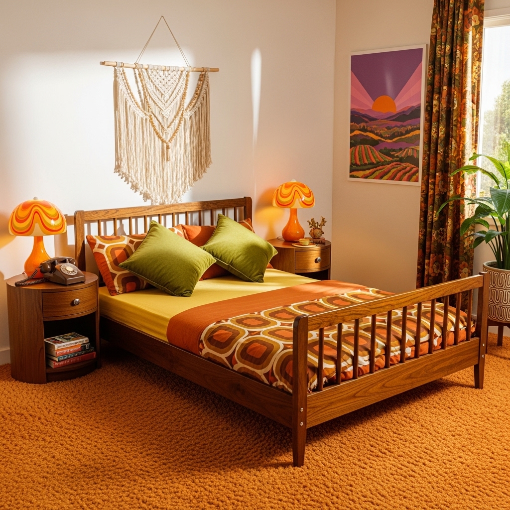 low wood bed 70s bedroom