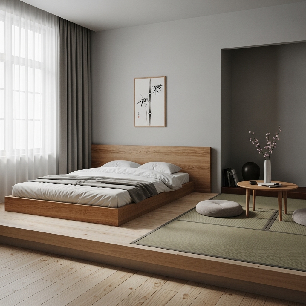 Low wooden bed in a Japanese themed bedroom.