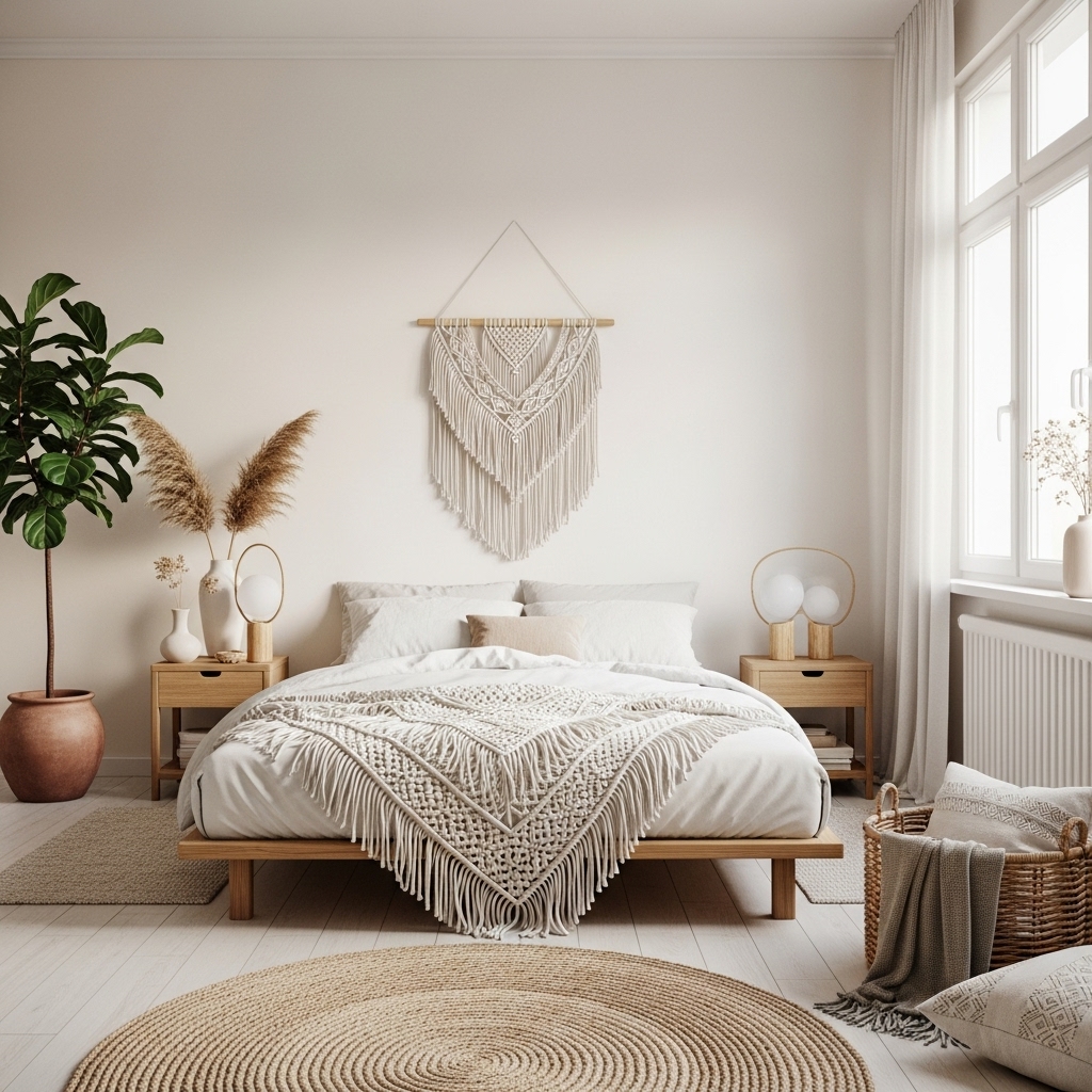 Minimal Boho bedroom with natural textures.