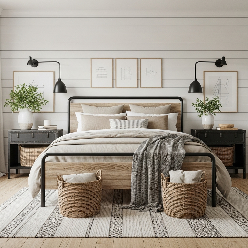 "Modern farmhouse bedroom with rustic wood bed frame, shiplap wall, neutral bedding, and black metal accents."