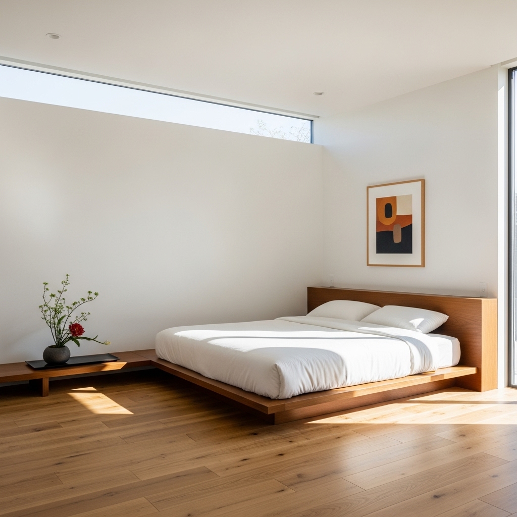 Modern Japanese bedroom with clean lines and low bed.