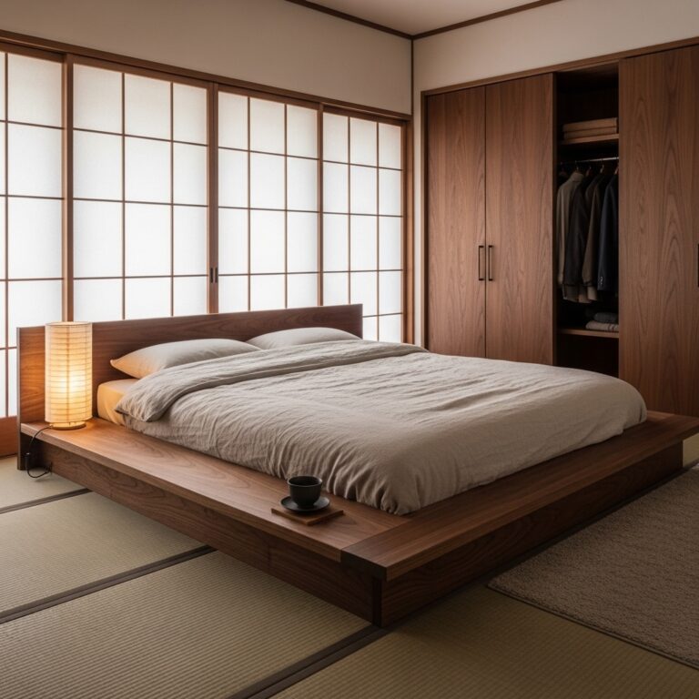 Modern Japanese bedroom ideas with a low wooden platform bed and soft lighting.