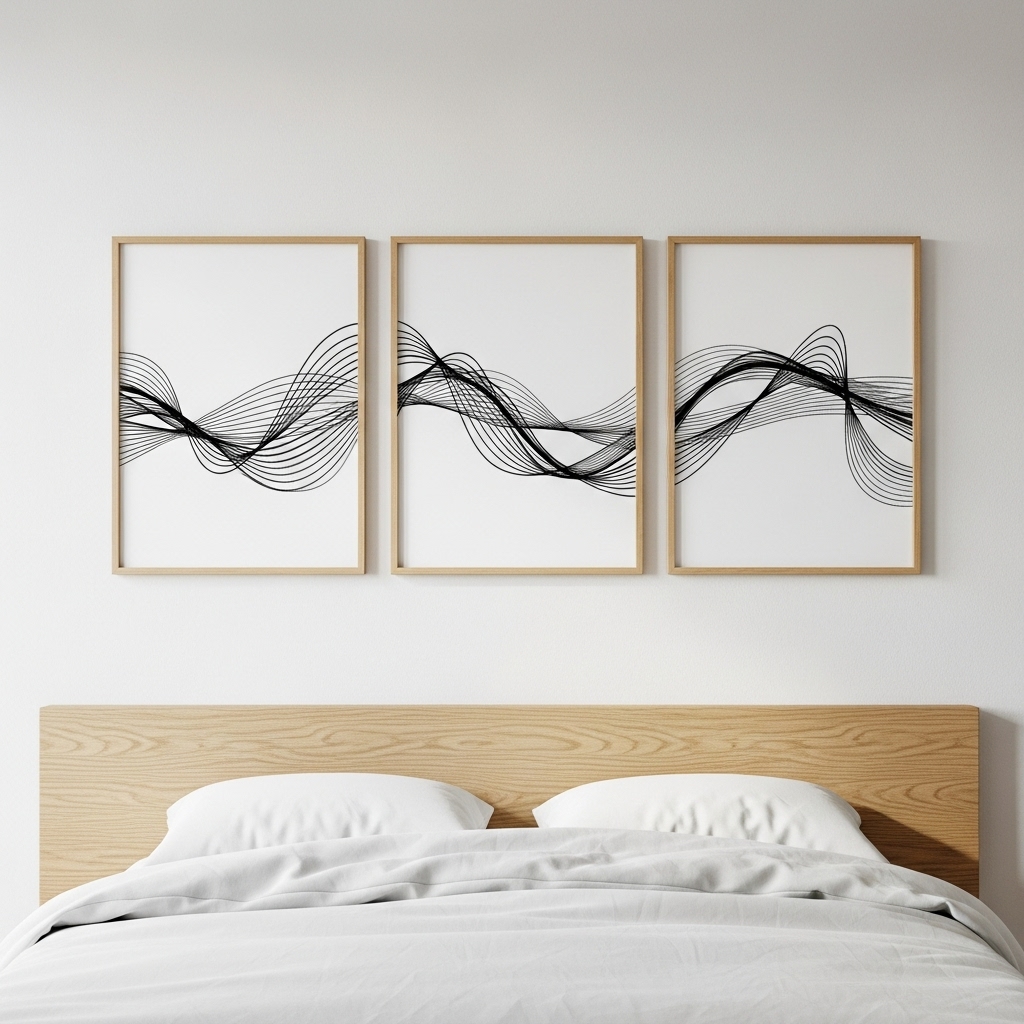 Minimal wall art in a modern Japanese bedroom.