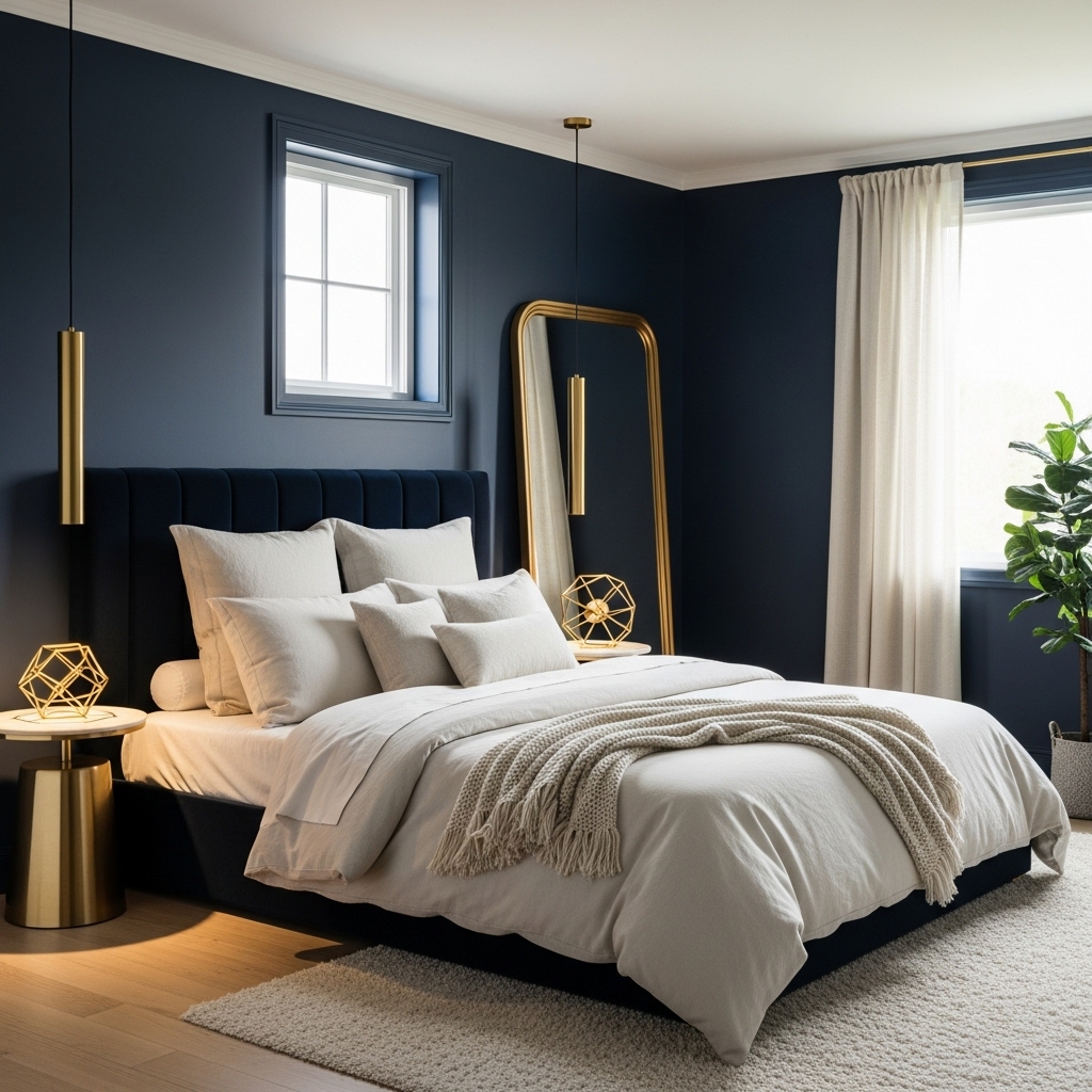 navy art deco bedroom interior