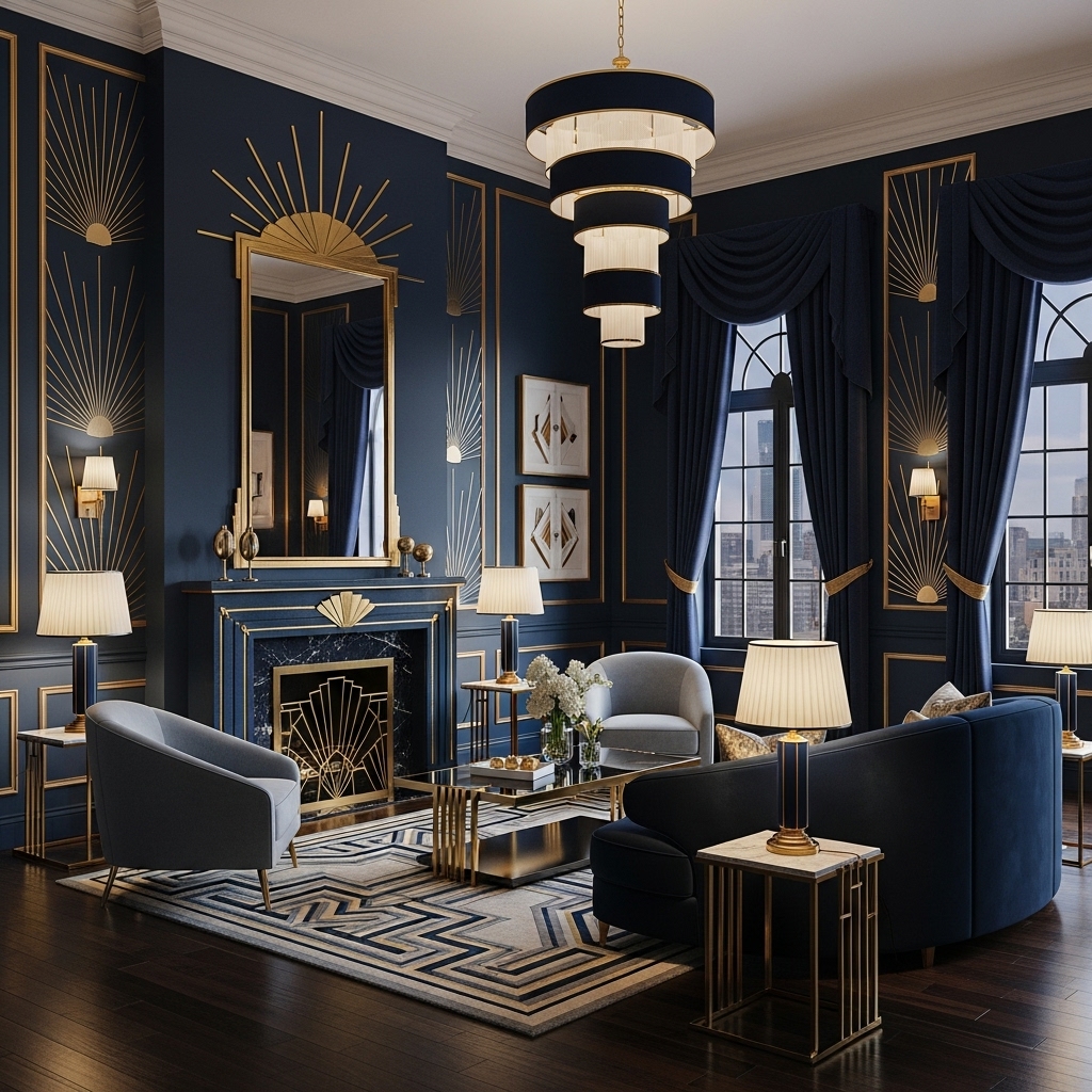 navy art deco living room