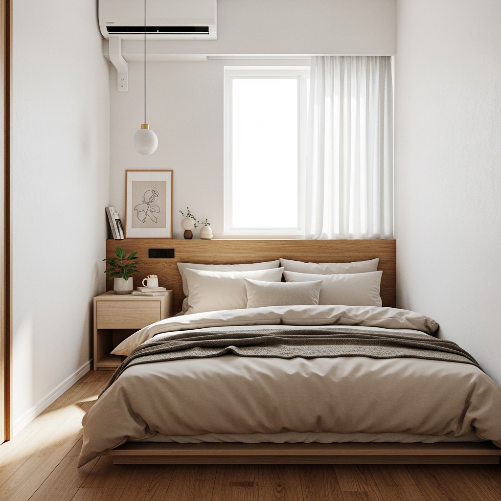Neutral color palette in a Japanese small bedroom.