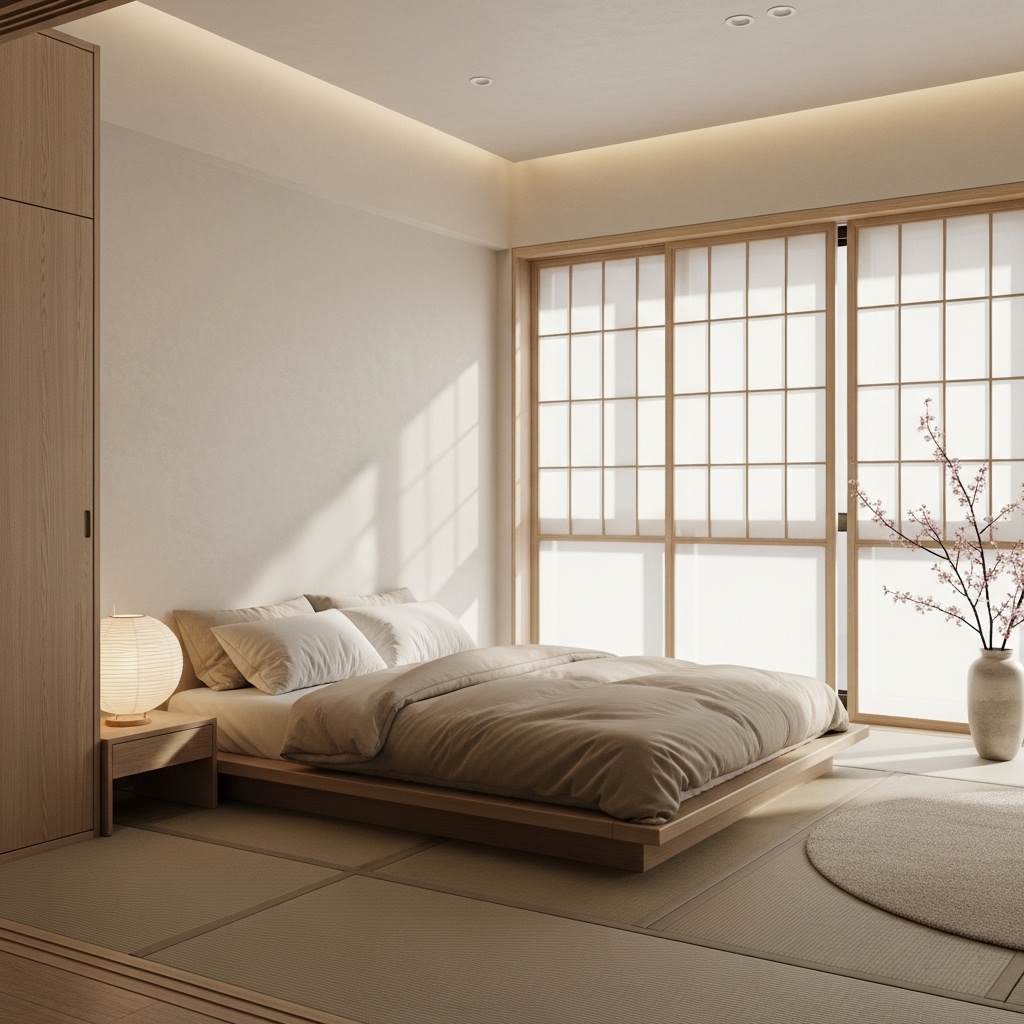 Neutral color palette in a Japanese themed bedroom.